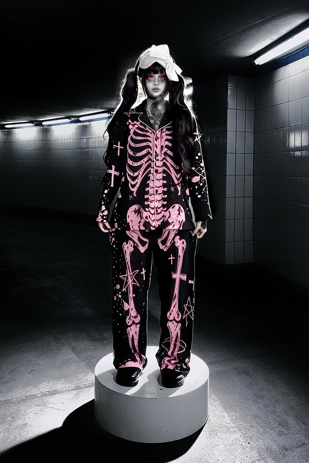 grunge goth pastel pink and black gothic skeleton pajamas set