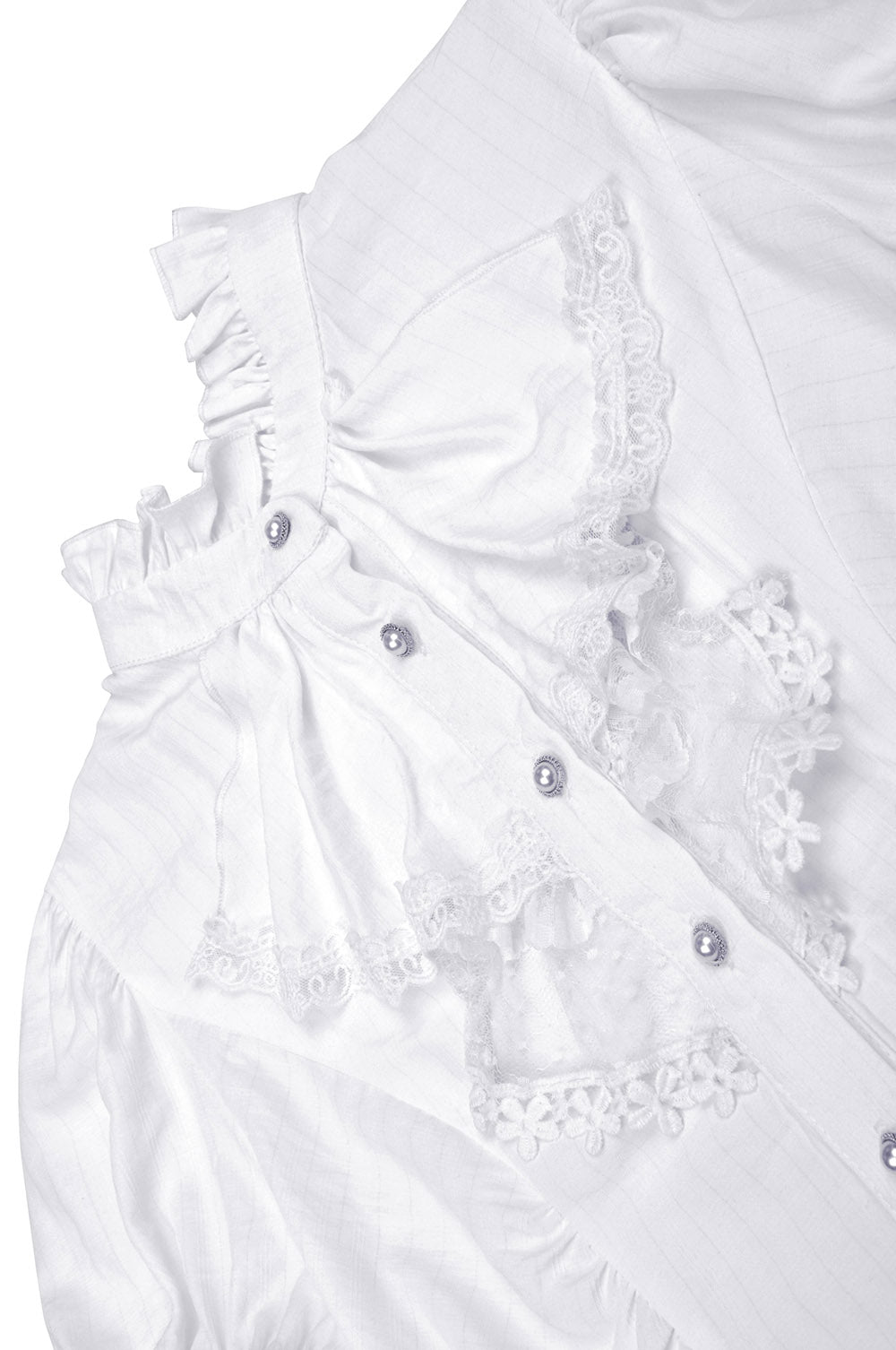 button up lace high neck ruffle top
