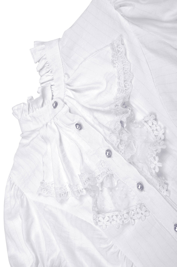 button up lace high neck ruffle top