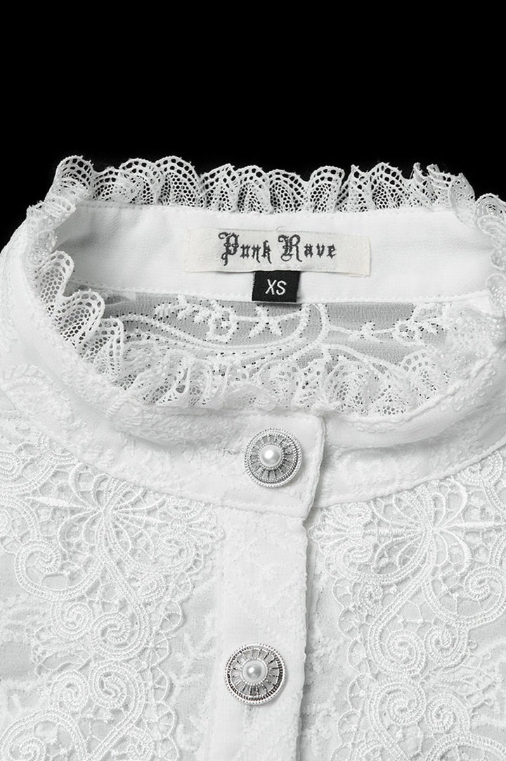 high collar lace-up vintage sheer chiffon top