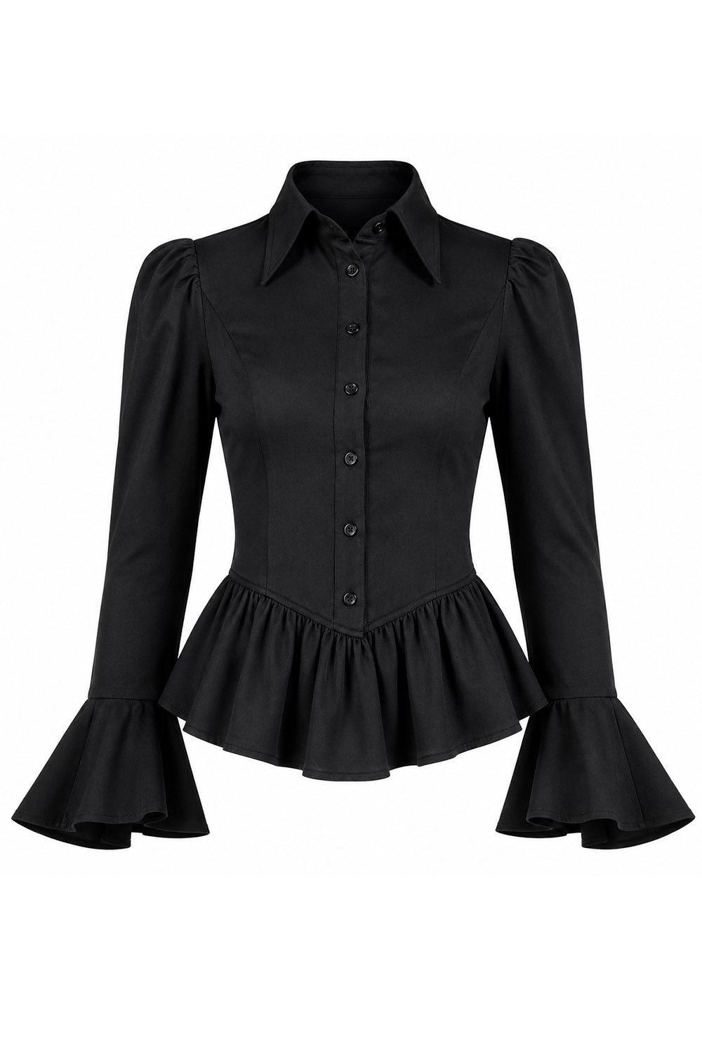 Black blouse with ruffled sleeves on a white background