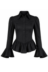 Black blouse with ruffled sleeves on a white background