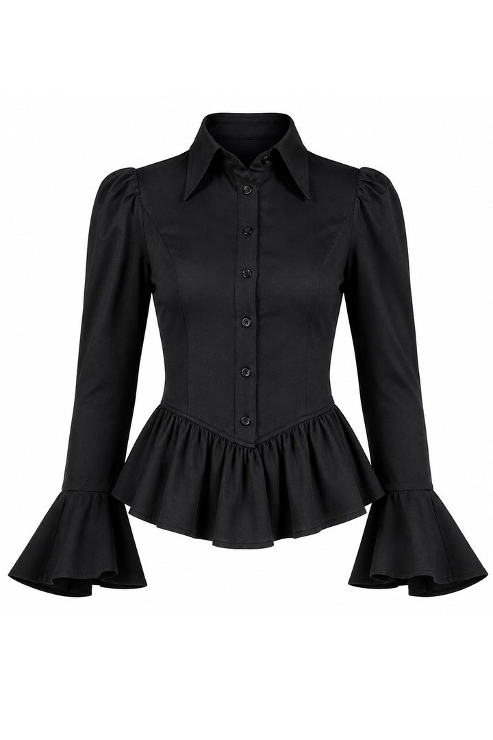 Black blouse with ruffled sleeves on a white background