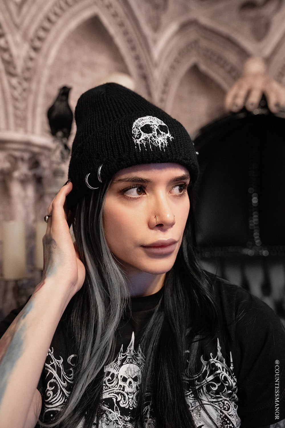 Black Bleeding Edge Goth membership exclusive pierced beanie toque knit hat Distressed Pierced Beanie [Black Bat] – VampireFreaks main image 4