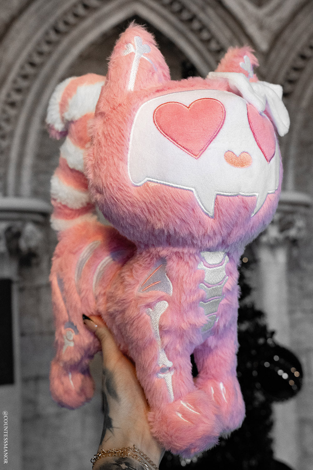 emo v-day gift pink and white creepy cute kawaii skeleton cat stuffed animal 