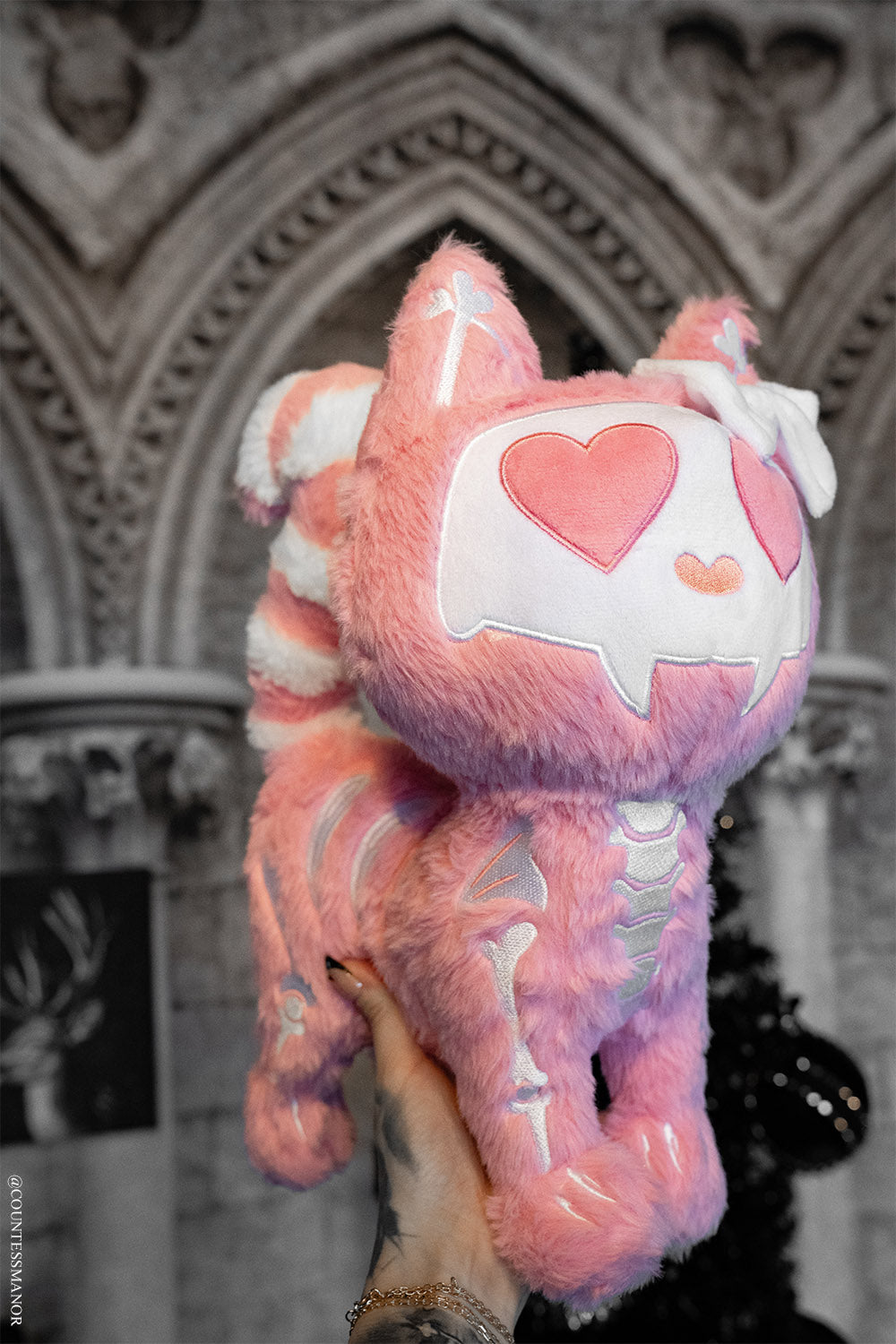valentines day pink and white creepy cute kawaii skeleton cat stuffed animal 
