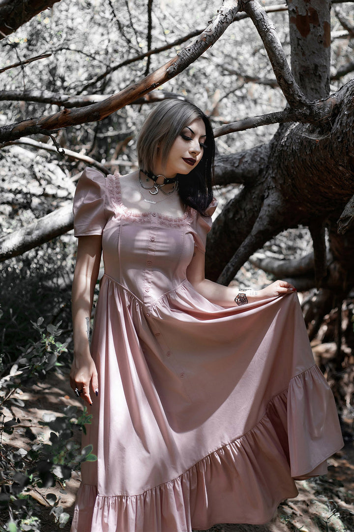 buttoned long pink pastel gown