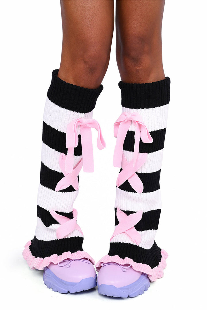 gothic striped leg warmers with pink bows
