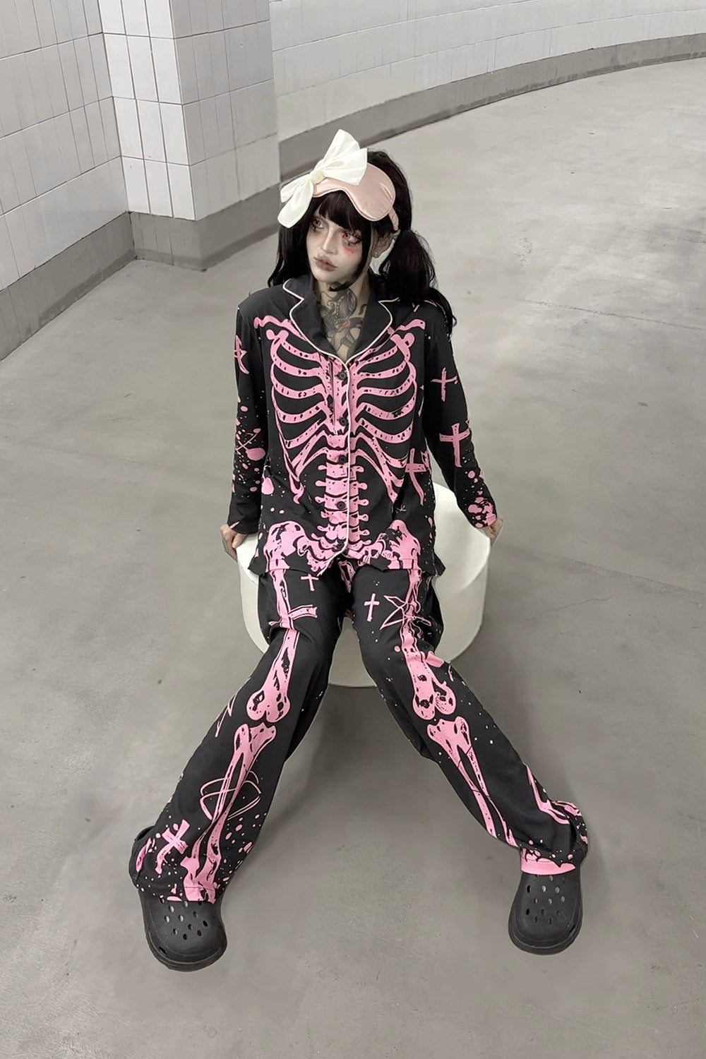 button down pastel pink and black gothic skeleton pajamas set