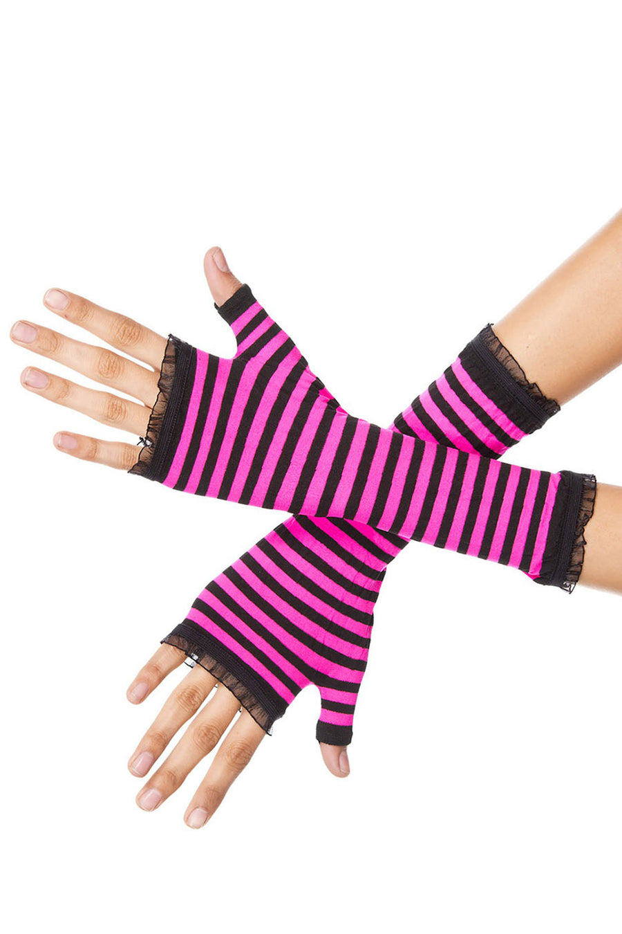 Ruffled Striped Gloves [BLACK/HOT PINK]