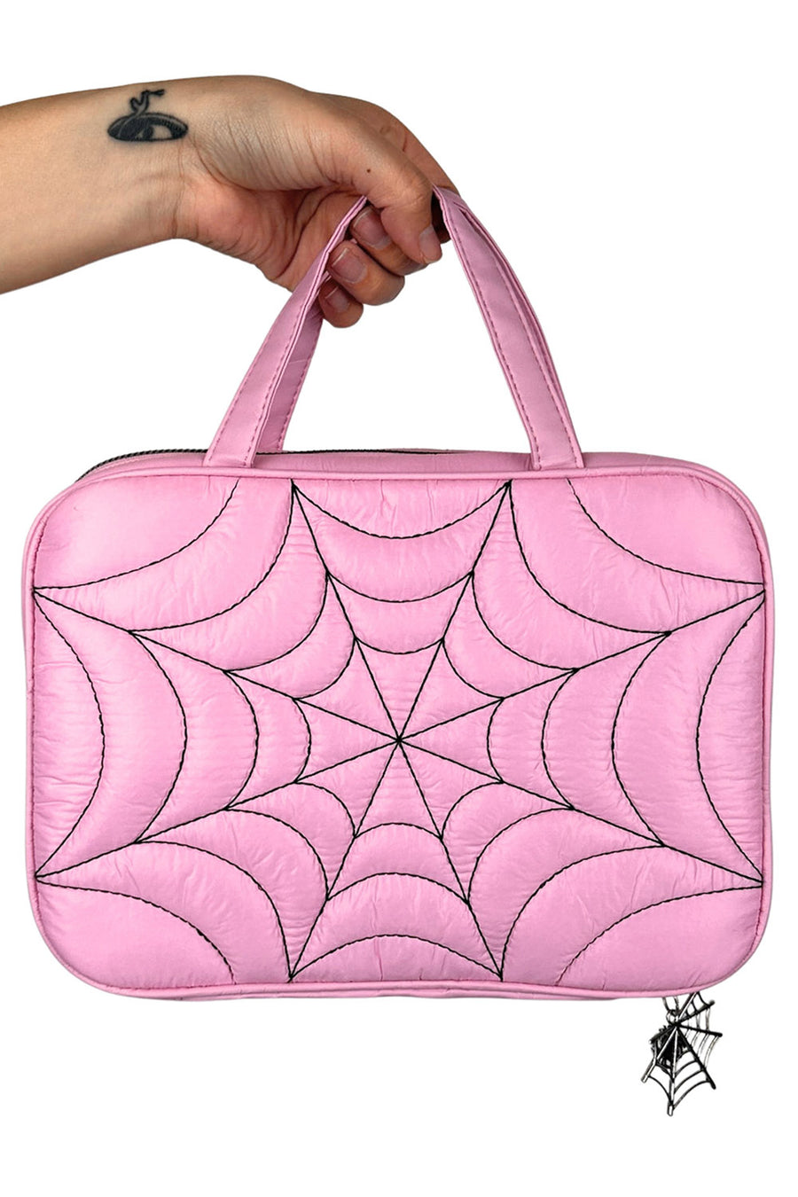 pastel pink spiderweb makeup bag
