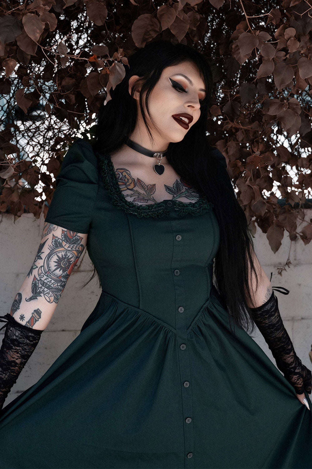 puff shoulder ruffle cottagecore emerald dress