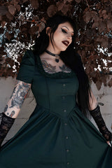 puff shoulder ruffle cottagecore emerald dress