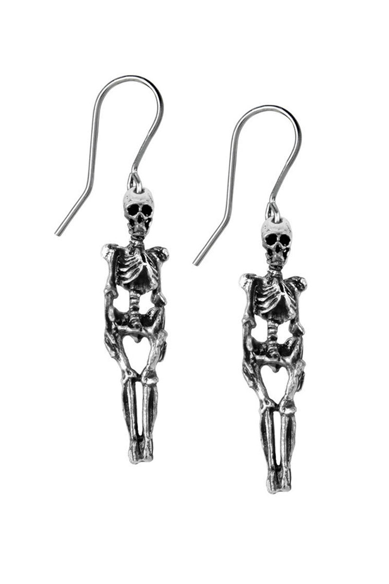 Silver skeleton earrings on a white background