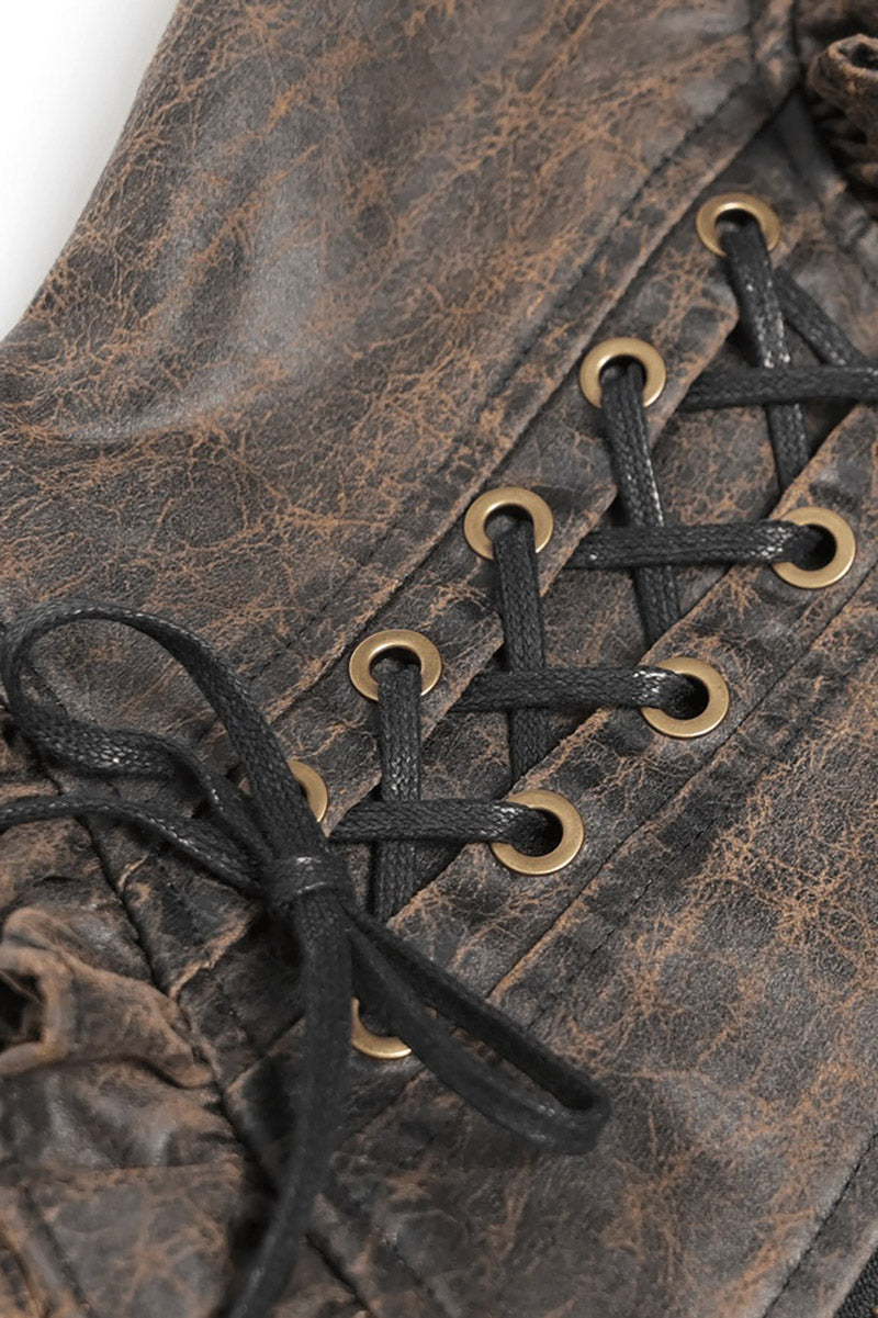 womens distressed brown steampunk vegan leather pirate harness with swallowtail hem