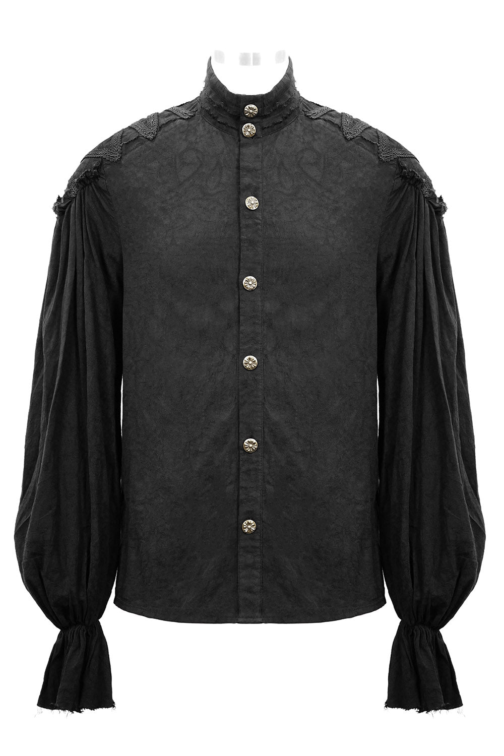 Black historical-style shirt with ruffled shoulders on a white background