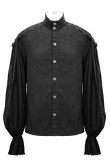 Black historical-style shirt with ruffled shoulders on a white background