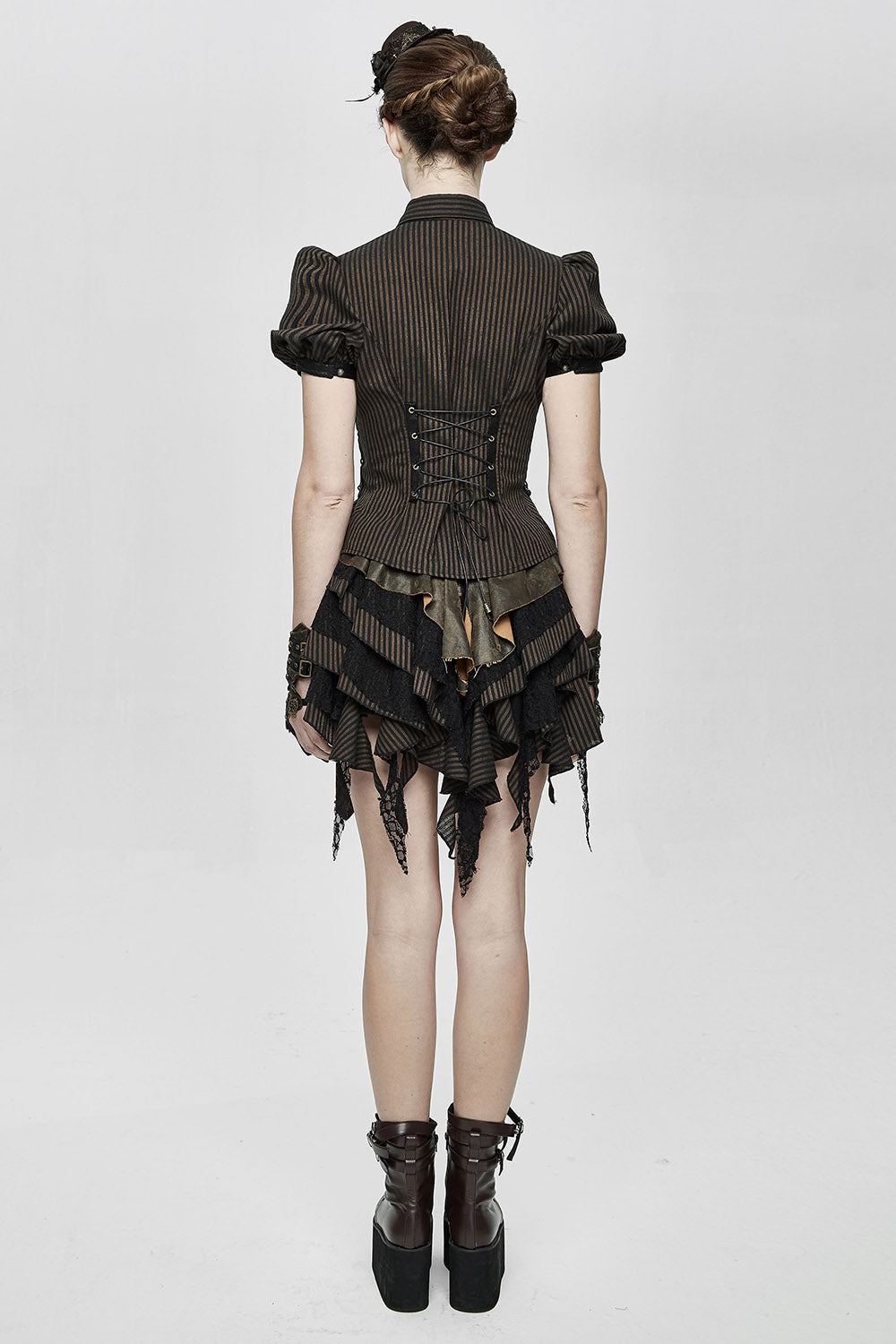 puff sleeve short sleeve button-up brown and black striped vintage inspired top 