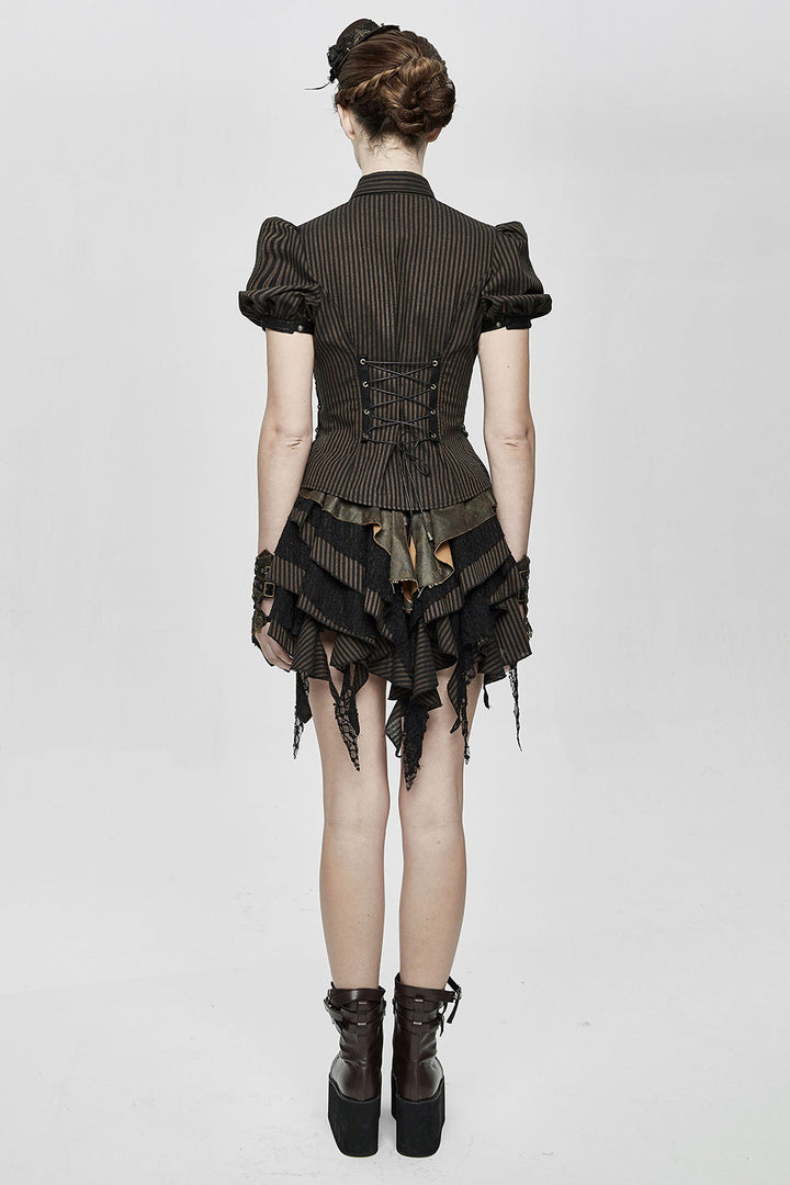 puff sleeve short sleeve button-up brown and black striped vintage inspired top 