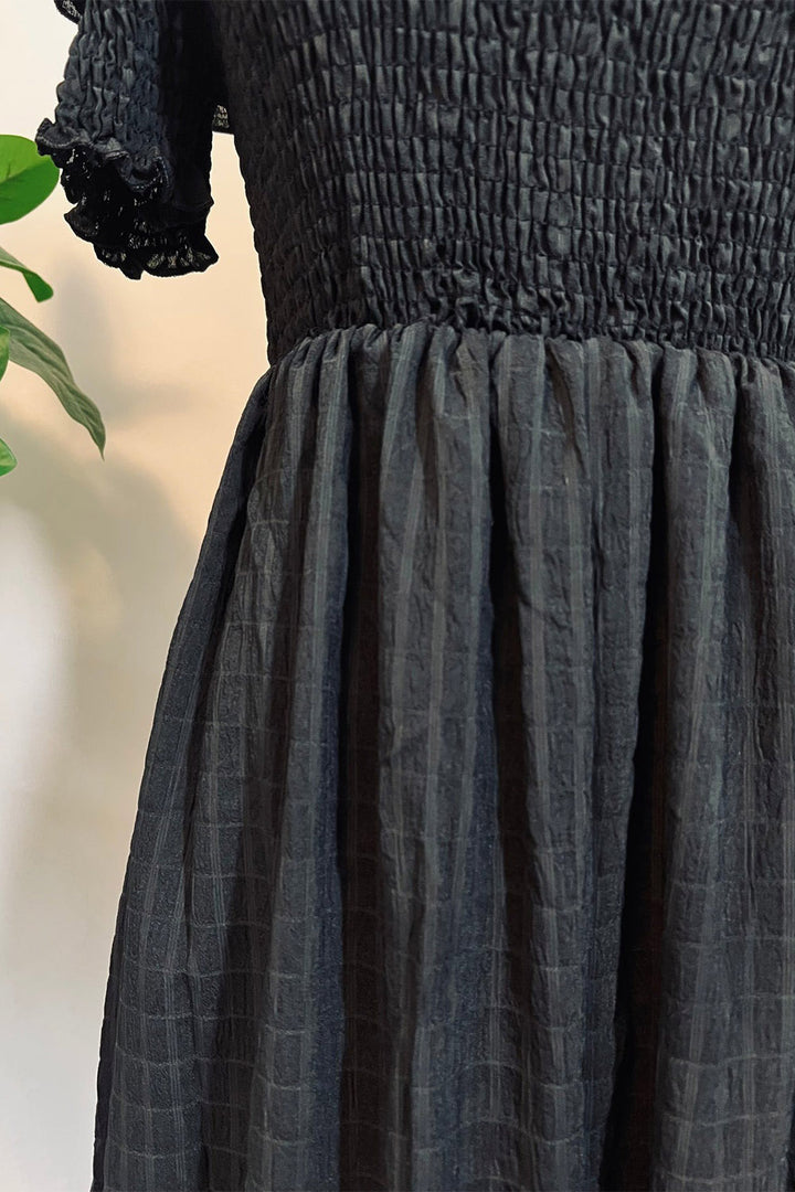 womens smocked black cottagecore prairie dress