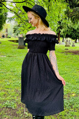 womens black off-the-shoulder cottagecore prairie dress