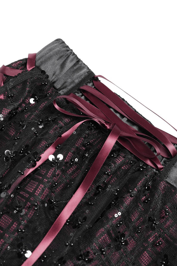 burgundy and black womens plaid mini skirt with satin ribbons