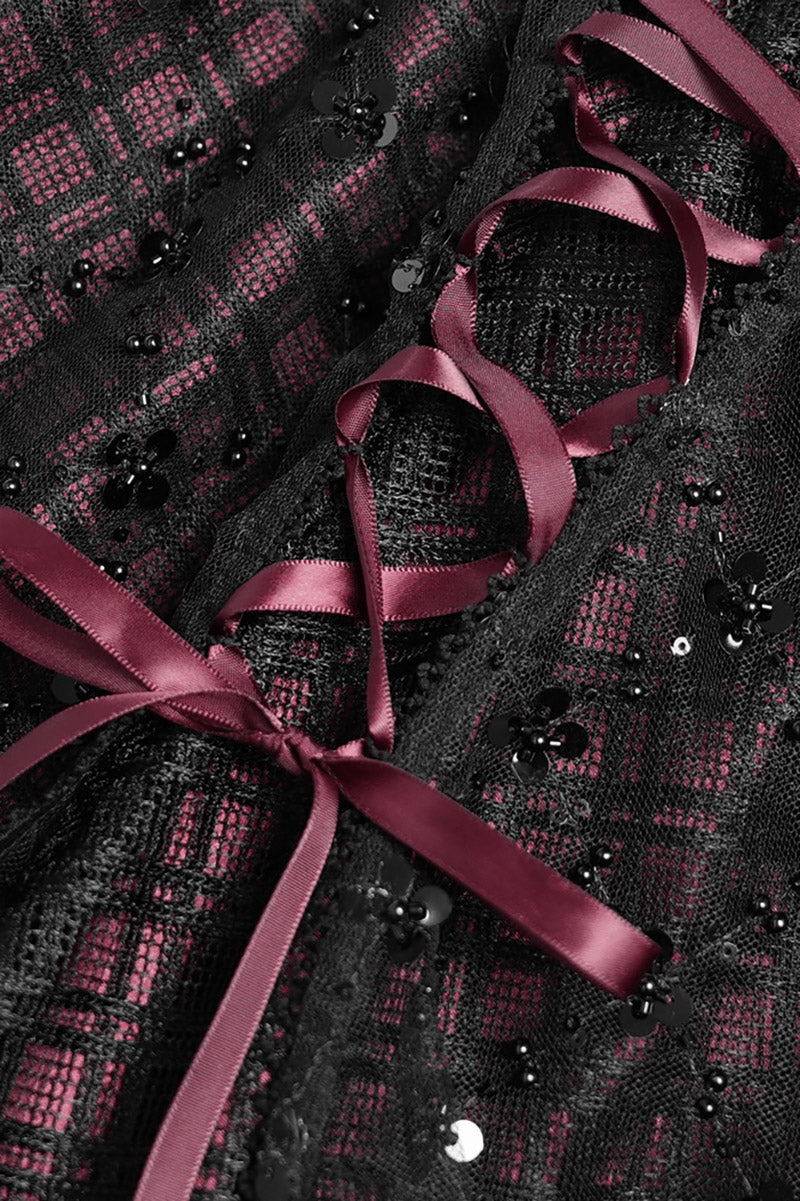 beaded burgundy and black womens plaid mini skirt