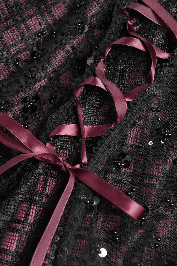 beaded burgundy and black womens plaid mini skirt