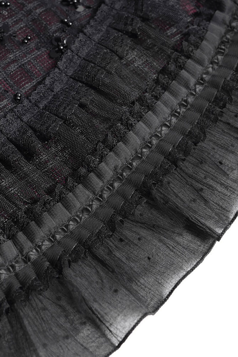 burgundy and black womens plaid mini skirt with ruffled tiers