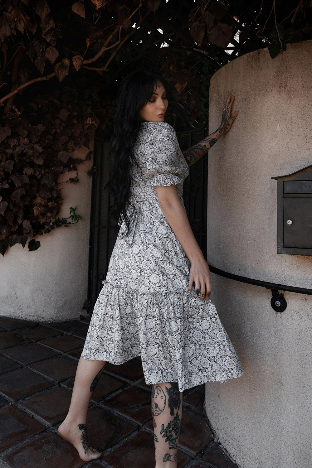 grey black and white high collar ruffle dress