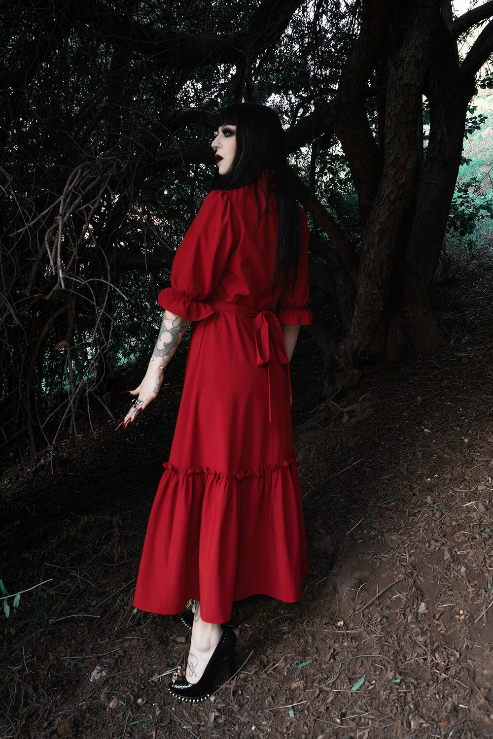 ribbon tie long red dress