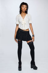 black cotton mini punk pleated skirt