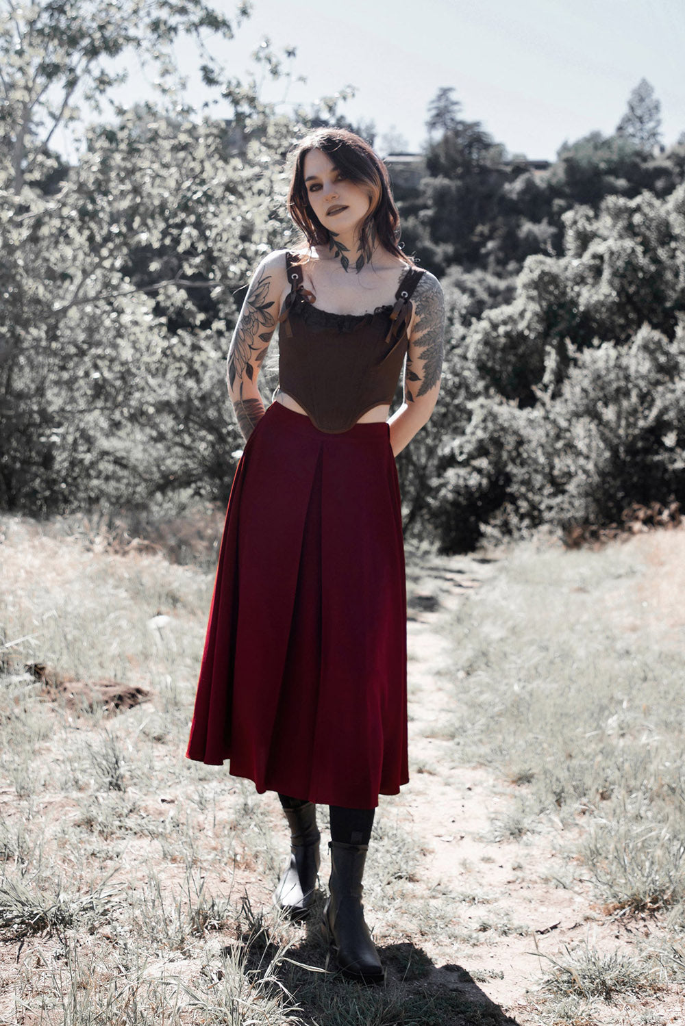 midi dark red skirt