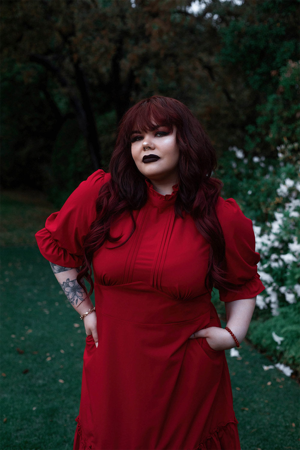 elbow length red dress