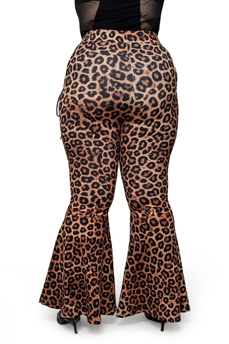 womens plus size high rise animal print flared bell bottom pants with eyelets 