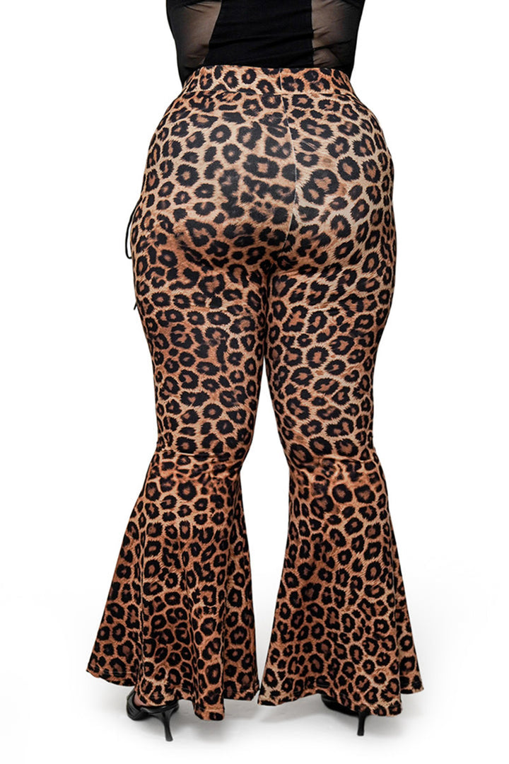 womens plus size high rise animal print flared bell bottom pants with eyelets 