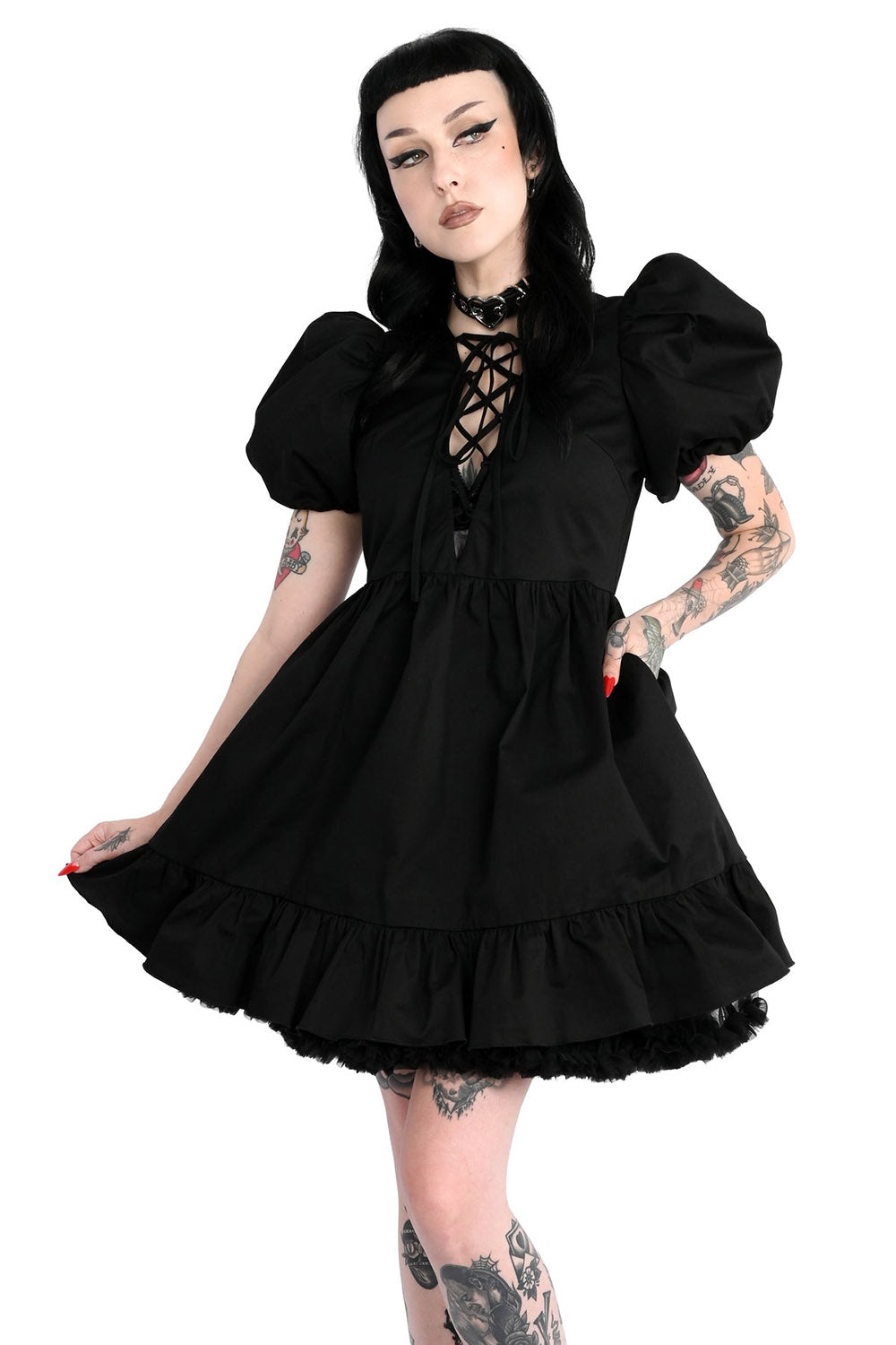 black cotton fit and flared puffed sleeve cottagecore dress