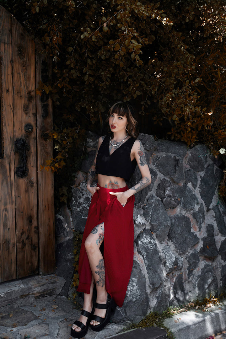 dark red high-waisted skirt