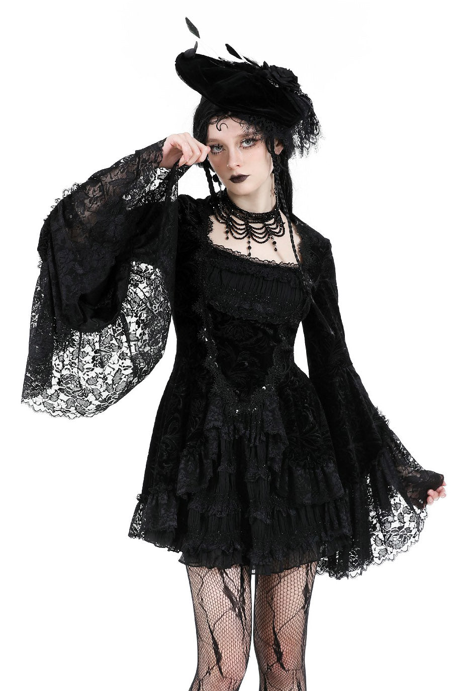 womens elegant black gothic dress with ruffled skirt