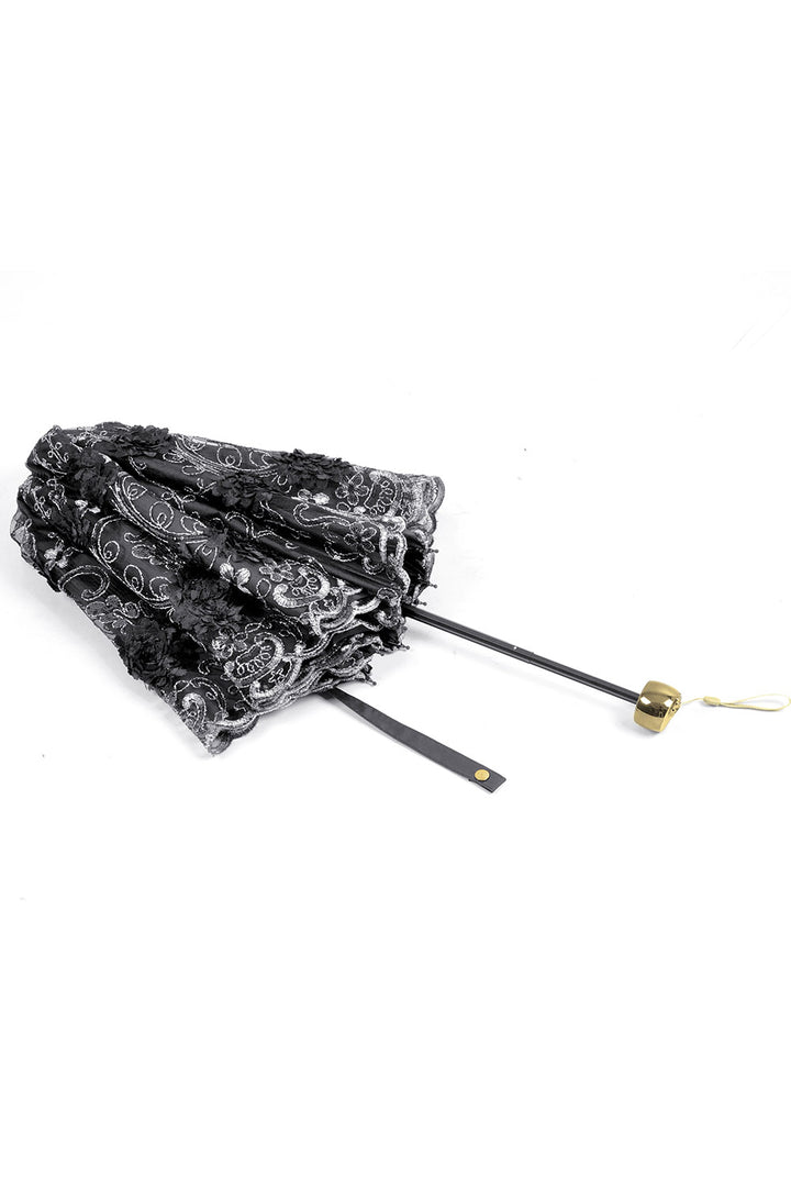 foldable embroidered lace umbrella with black roses