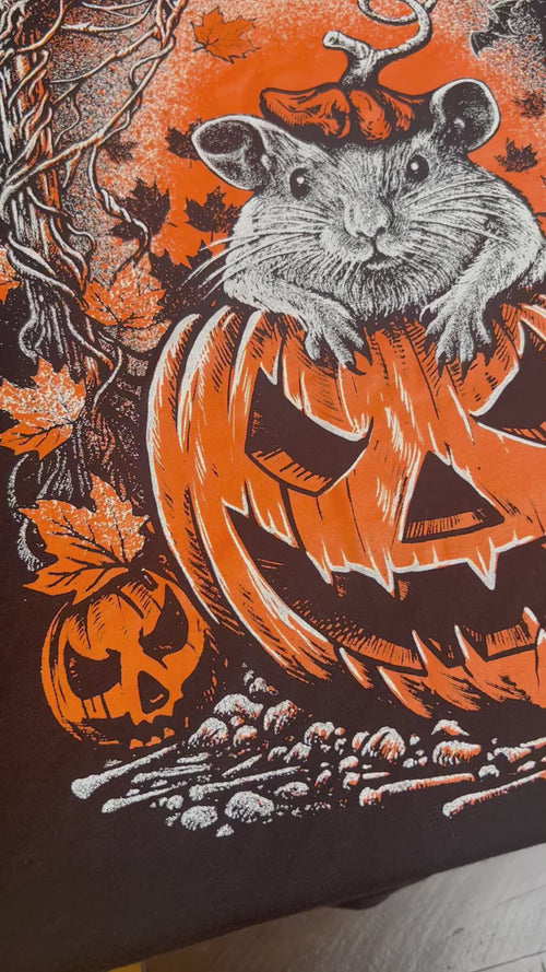 video of jack-o-lantern rat sweatshirt