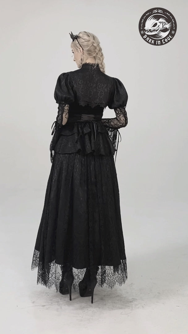 video of a gothic woman wearing an ultra high waisted steampunk skirt