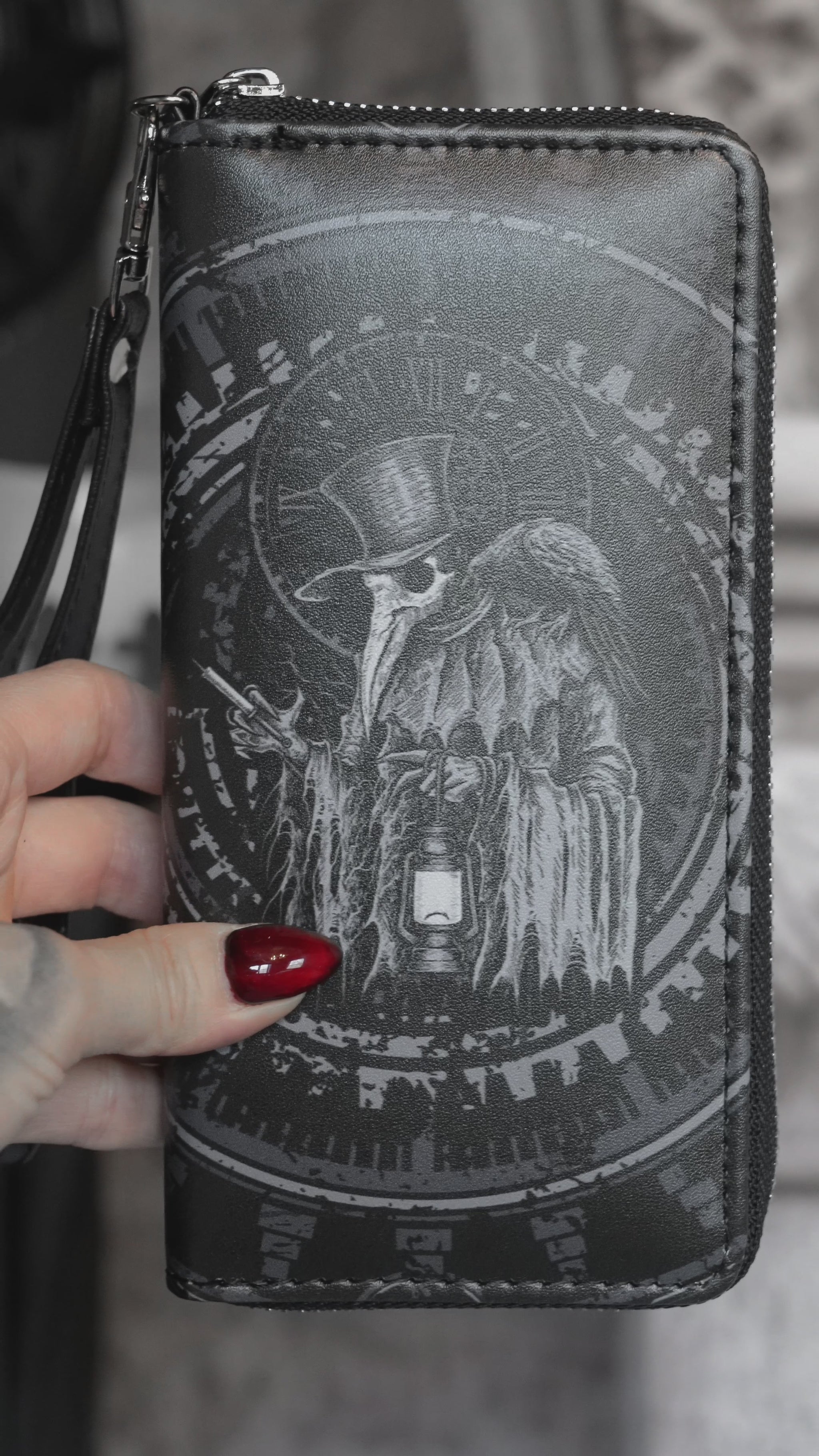 video of steampunk plague doctor vegan leather wallet