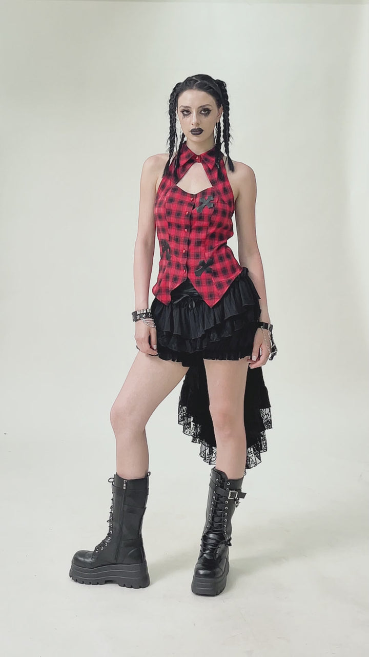 video of kawaii woman wearing ruffled gothic bloomers with attached skirt