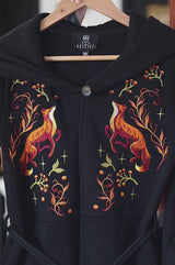 video of a whimsical dark cotton embroidered fox hoodie jacket