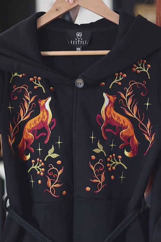 video of a whimsical dark cotton embroidered fox hoodie jacket