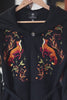 video of a whimsical dark cotton embroidered fox hoodie jacket