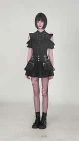 Video of model wearing punk belted mini skirt