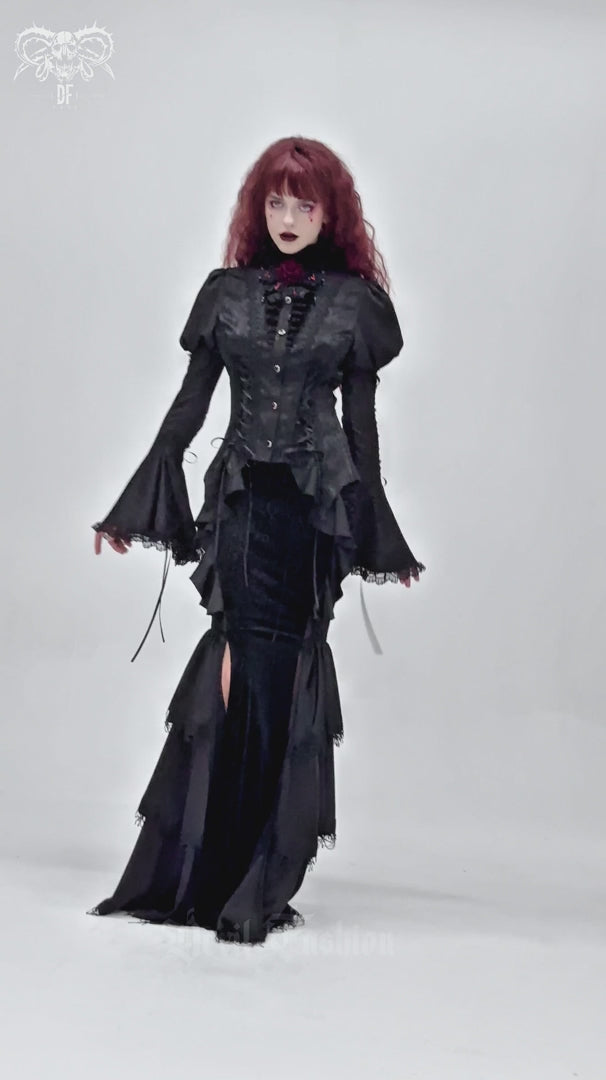 video of a gothic woman wearing a womens puff shoulder gothic blouse
