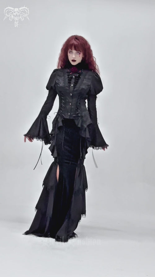 video of a gothic woman wearing a womens puff shoulder gothic blouse